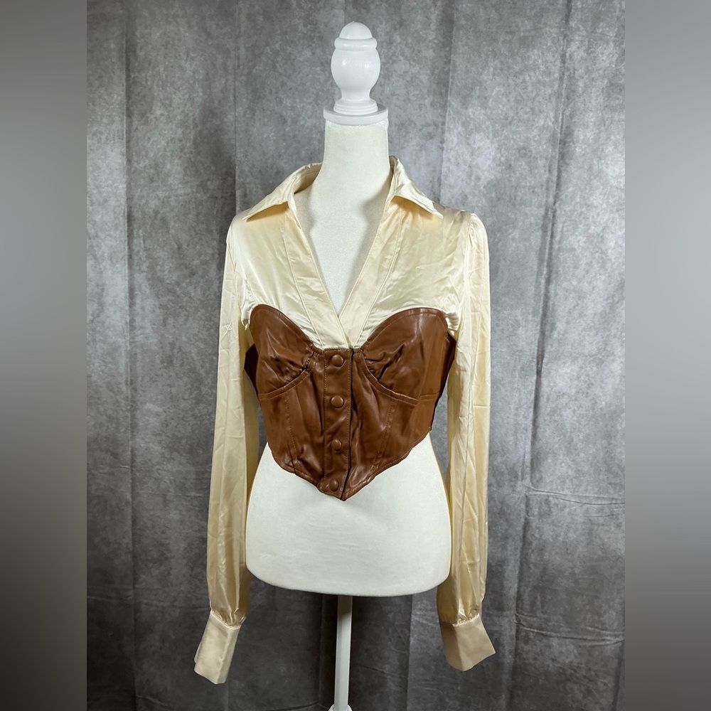 Fashion Nova Cream and Brown Button-Up Top